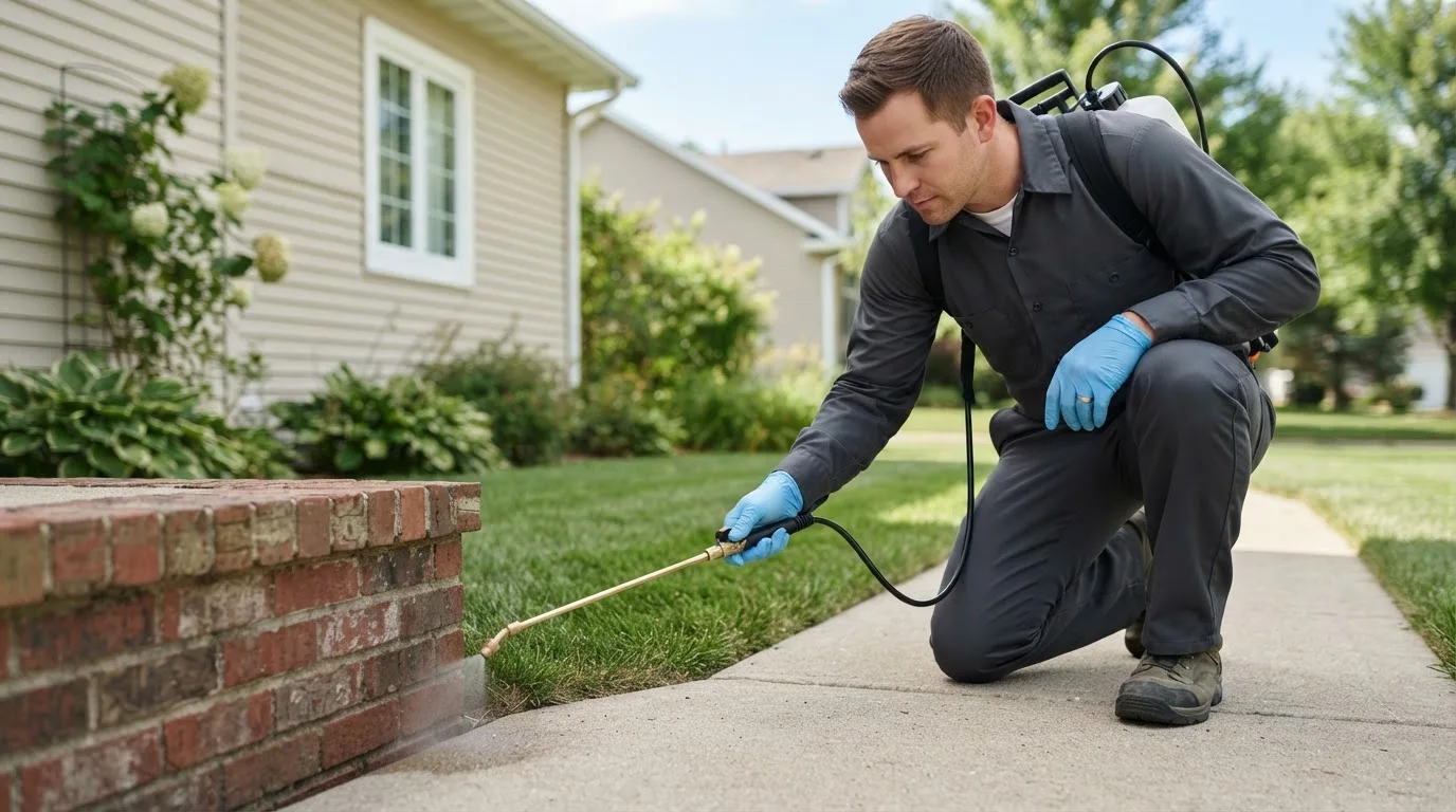 Pest control technician treating a home near Fairmont, OK