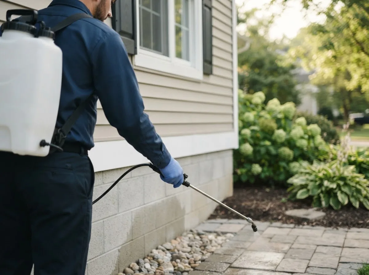 Pest control technician inspecting a home in Fairmont, OK